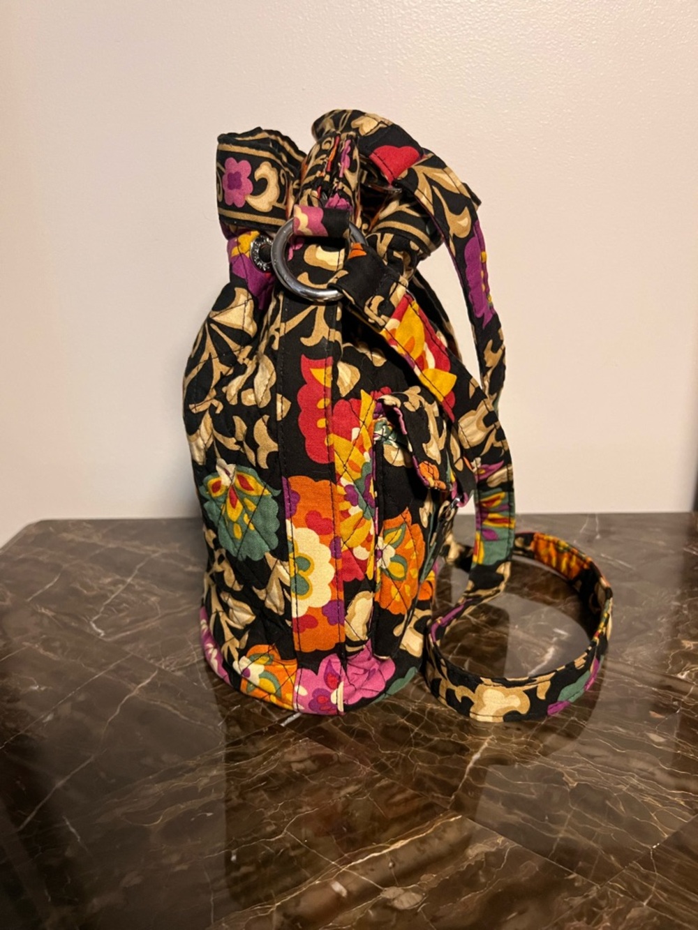 Vera Bradley Quilted Floral Drawstring Crossbody Bag Black and multicolor bucket - Picture 6 of 14
